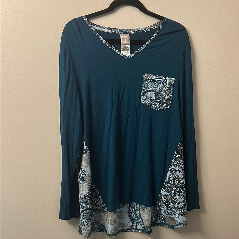 Chico's Blue Asymmetrical Long Sleeve Tunic